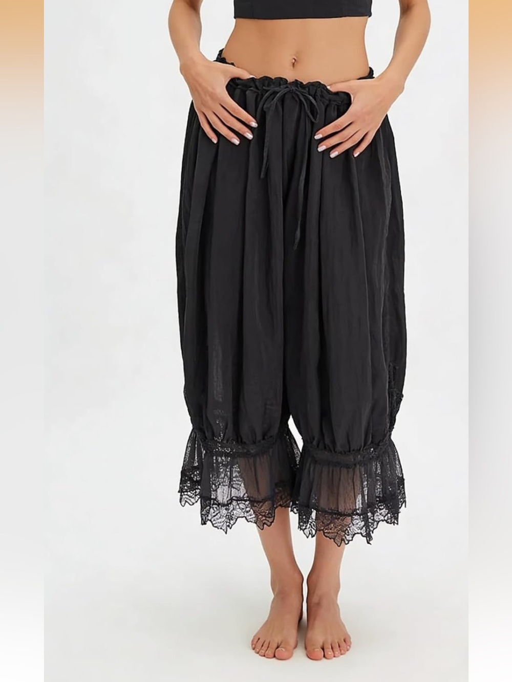 Black Lace-Trim Wide Leg Cropped Bloomers